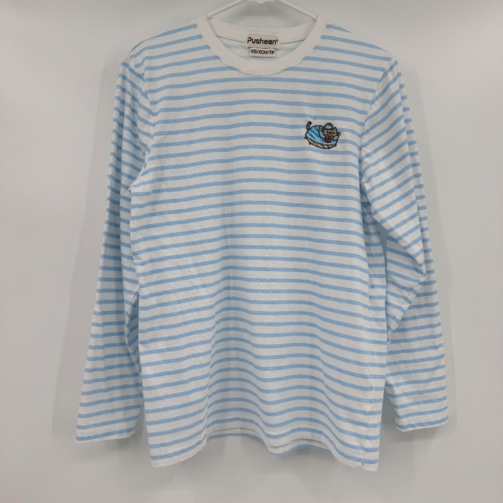 Pusheen Top Women XS Blue White Stripes Long Sleeve Tee Embroidered Culture Fly